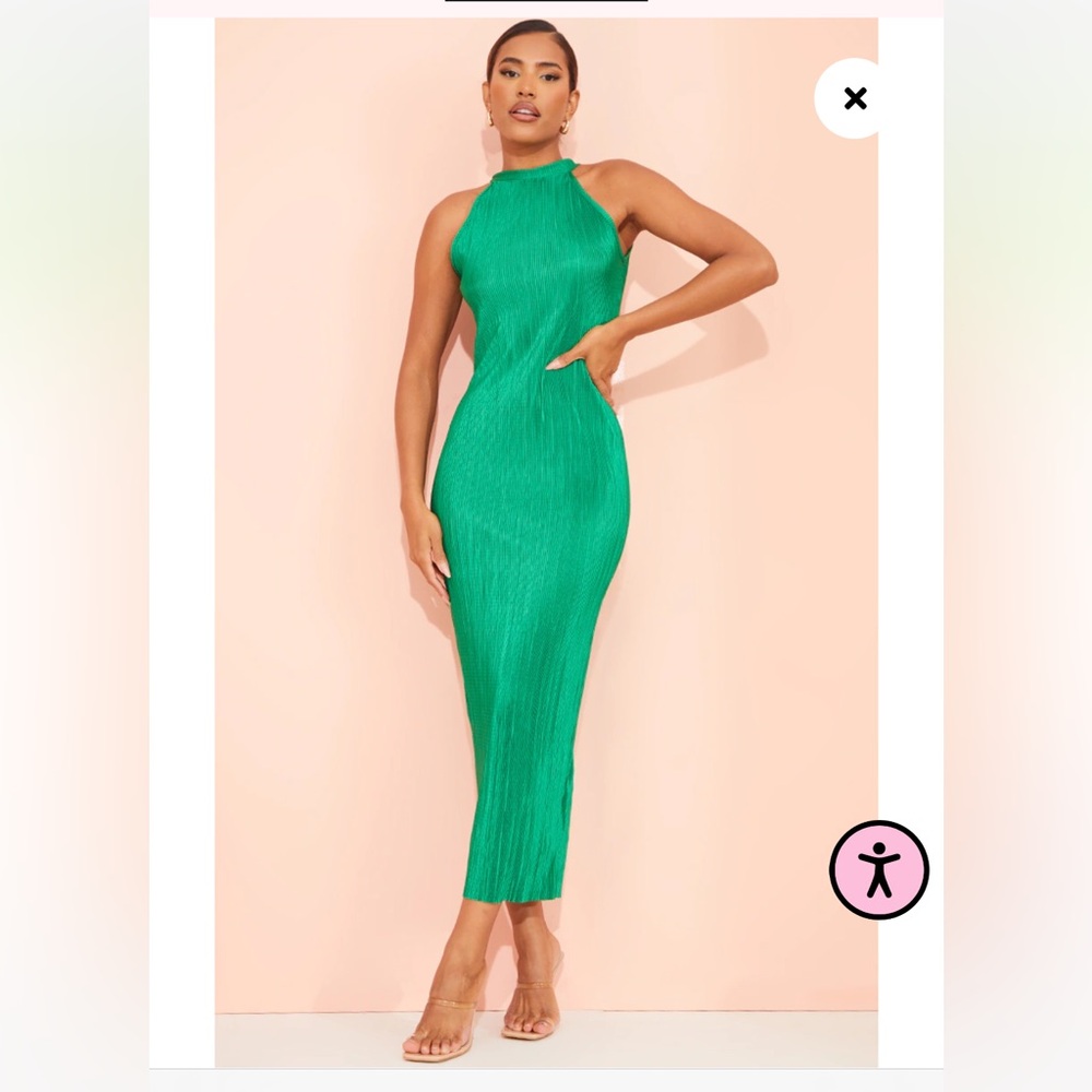 NWT Pretty Little Thing Green Plisse High Neck Midi Dress